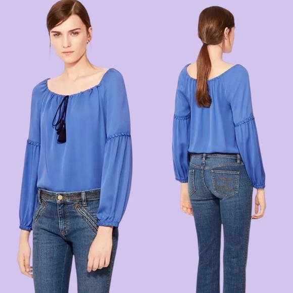 Tory Burch blue silk long sleeve fringe Slyvie blouse peasant top medium - Picture 1 of 16